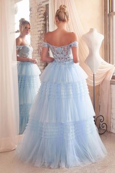 LaDivine Special Occasion dress. For this style use Size chart: #0 Flowy Princess Dress, Corset Layering, Pleated Tulle Skirt, Gown Silhouette, Light Blue Prom Dress, Pleated Tulle, Tulle Balls, Cinderella Divine, Exquisite Gowns