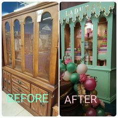 before and after photos of an old china cabinet with balloon garlands on the top