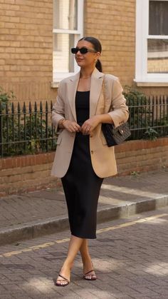 Women Tan Blazer Outfit, Pencil Dress And Blazer Outfit, Luxury Professional Outfit, Italian Women Fall Fashion, Beige Dress With Blazer, Professional Dress With Blazer, Beige Blazer Formal Outfit, Black Dress Tan Blazer, Business Aesthetic Woman Outfit