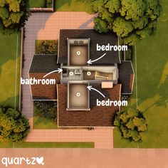 an aerial view of a house with the bedroom and bathroom labeled