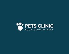 the logo for pets clinic is shown on a dark blue background with white letters and an image of a dog's paw