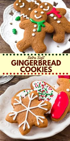 gingerbread cookies with icing and sprinkles on a white plate