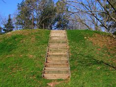 the stairs lead up to the top of this grassy hill