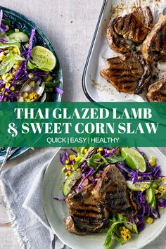 thai glazed lamb and sweet corn slaw on a white plate with a green text overlay