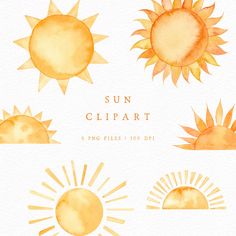 watercolor sun clipart set on white paper with gold foil and yellow background for use in design projects