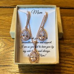 Nwot “Mom” Boxed Gift Set Rose Gold Gold Plated Drop Earrings And Necklace Of Cubic Zirconia Crystals. Would Make A Great Gift For A Mother Of Bride Or Mothers Day Gift. The Necklace Is Adjustable Length 16 Inches See Photos For Measurements Of Cubic Zirconia Mother Of The Bride Jewelry, Bride Jewelry Set, Crystals Necklace, Mother Of Bride, Earrings And Necklace, Mom Jewelry, Learning Tools, Rose Gold Necklace, Necklace And Earrings