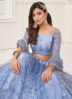 Champagne Blossom - Hatkay Blue Lehenga Choli, Saree Gown, Blue Lehenga, Detailed Embroidery