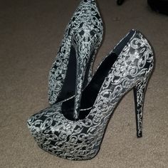 These 6" Party Heels Have A Beautiful Stitched Pattern All Over The Shoe, Including Down The Back Of The Heel. There Is A 2" Platform In The Almond-Shaped Toe. Never Worn!! Silver Fitted Platform Heels, Fitted Silver Platform Heels, Black Wedding Shoes, Embroidered Heels, Party Heels, Almond Shaped, Shoes Wedding, Dream Wardrobe, Charlotte Russe