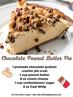 peanut butter pie on a plate Pb Pie, Easy Peanut Butter Pie, Chocolate Peanut Butter Pie, Easy Pie Recipes, Chocolate Graham Crackers, Creative Cooking, Peanut Butter Desserts, Easy Pie, Peanut Butter Pie