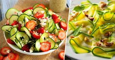 two pictures side by side, one with cucumbers and the other with strawberries