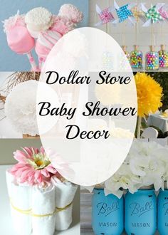 dollar store baby shower decor with pink and yellow flowers