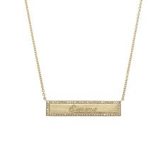 Pave Diamond Border Gold Bar Pendant Necklace • 14K Yellow Gold• Adjustable 16-18" Long• Bar: .2'' H x 1.18'' L (5mm H x 30mm L)• Diamond .15CT• Custom Engraving Optional As Seen on The Today Show If adding engraving, please allow 2-3 weeks for shipping Luxury Fine Jewelry Bar Necklace As Gift, Gold Bar Necklace Tiffany & Co., Luxury Yellow Gold Classic Bar Necklace, Luxury Gold Bar Necklace For Gift, Luxury Classic Bar Necklace With Single Cut Diamonds, Luxury Yellow Gold Bar Necklace In Fine Jewelry Style, Luxury Elegant Yellow Gold Bar Necklace, Luxury Everyday Gold Bar Necklace, Luxury Classic Yellow Gold Bar Necklace