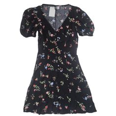 H&M Divided Black Floral Floaty Button Down Mini Tee Shirt-Style Puff Sleeve Summer Dress Size 3xs Y8 Black V-neck Mini Dress With Button Closure, Black Button-up Mini Dress For Summer, Black V-neck Dress With Button Closure, Fitted Floral Print Button-up Dresses, Black V-neck Dress With Buttons, Black Printed Mini Dress For Day Out, Casual Black Printed Mini Dress, Black Short Sleeve Mini Dress With Buttons, Black Fitted Button-up Dress