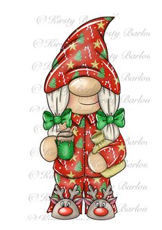 a gnome in red and green clothes holding a cup with her hands on her chest