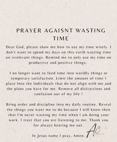 a prayer card with the words prayer against wasteing time