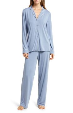 Contrast piping outlines classic menswear-inspired pajamas that pair a button-up top with soft, fluid pants to complete the set. 27" top length; 30" inseam; 19" leg opening; 10" front rise; 14" back rise (size Medium) Top has notched collar; long sleeves 91% Tencel® modal, 9% spandex Tencel modal is a sustainably produced fiber made with closed-loop processing and is certified with the EU Ecolabel as having a low environmental impact throughout the entire lifecycle Machine wash, tumble dry Impor Created Colorful, Knit Pajamas, Contrast Piping, Menswear Inspired, Piping, Pajamas, Button Up, Long Sleeve Blouse, Nordstrom