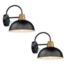 two black wall lights with wooden accents on each side and one light in the middle