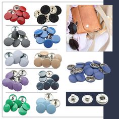 several different colors of buttons are shown in this image and there is also a bag