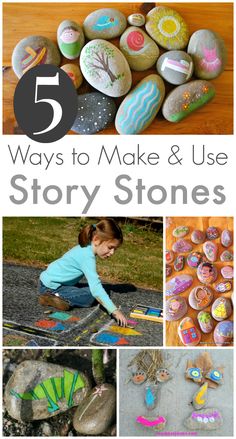 some rocks are painted with different colors and designs, including one girl is painting on the rocks