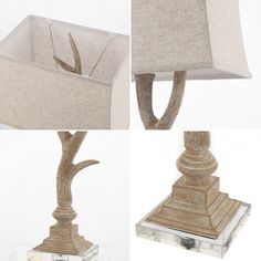 three different views of a lamp with fabric shades