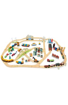 a wooden toy train set with cars and tracks