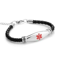 CUSTOM ENGRAVE Medical ID Stainless Steel Pink or Black Leather Bracelet Adjustable Black Leather Bracelet With Lobster Clasp, Personalized Black Leather Bracelet With Stainless Steel, Adjustable Nickel-free Black Leather Bracelet, Adjustable Black Nickel-free Leather Bracelet, Interchangeable Bracelet, Medical Alert Bracelet, Medical Id Bracelets, Medic Alert Bracelets, Medical Bracelet