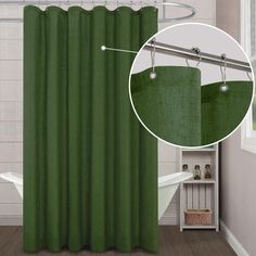 a green shower curtain in a bathroom next to a bathtub