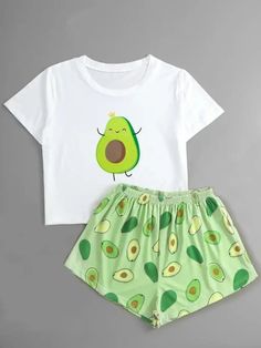 Cartoon Avocado Print Pajama Set White Casual Green Sleep Sets, Comfortable Short Sleeve Sets For Summer, Comfortable Short Sleeve Summer Sets, White Summer Sleep T-shirt, Comfortable Summer Sets With Short Sleeve, Green Cotton Crew Neck Sleepwear, Green Cotton Sleepwear With Crew Neck, Comfortable Green Short Sleeve Sleepwear, Comfortable Green Sleepwear With Short Sleeves