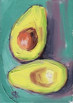 an acrylic painting of two avocados on a green background