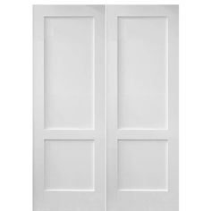 an open white door with two panels and one panel on the bottom, against a white background