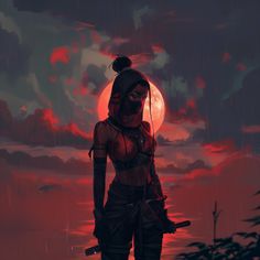 a woman standing in front of a full moon