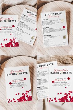 wedding seating cards with red confetti on them and wine glasses in the middle