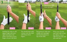 the instructions for how to hit a golf ball with a club in one hand and two gloves on the other