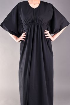 "Very romantic caftan dress in black. The main advantages of this long black dress are the kimono sleeves and the loose fit cut which hides any flaws while the gathered detail under the bust emphasizes the top part of the body. This black maxi dress is very comfortable so it is a great choice for the daytime matched with flats. ^ Sizes: The item can be made in sizes from XXS to 7XL. Please, use the size chart below or if you are not sure about your size, just * contact us with your measures! ^ E Black Oversized Long Dresses, Oversized Long Black Dress, Long Black Daywear Dress, Black Long Daywear Dresses, Black Tunic Kaftan For Evening, Long Black Kaftan For Spring, Black Maxi Dress With Kimono Sleeves For Summer, Black Maxi Dress With Kimono Sleeves For Spring, Spring Black Maxi Dress With Kimono Sleeves