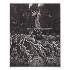 an old black and white drawing of jesus on the cross surrounded by other people with arms in the air