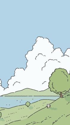 an image of a cartoon scene with trees and clouds in the sky over a body of water