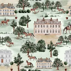 a wallpaper with horses and trees in front of a large white house on a green field