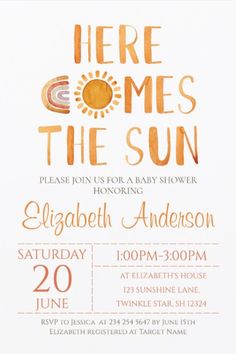 an orange and white baby shower card with the words here comes the sun