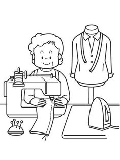 a woman sitting on a chair next to a sewing machine with a piece of paper in front of her