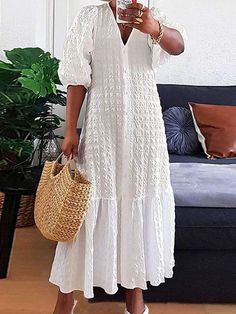 Loose Vacation V neck Short sleeve Plain Long Dress Casual Half-sleeve Maxi Dress For Beach, Casual Half Sleeve Maxi Dress For Vacation, Casual Half Sleeve Maxi Dress For Beach, White Non-stretch Maxi Dress For Vacation, Casual Half Sleeve Maxi Dress For Summer, White Half Sleeve Maxi Dress For Summer, Spring Half-sleeve Maxi Dress For Beach, White Non-stretch Maxi Dress For Day Out, Summer Vacation Dress With Half Sleeves