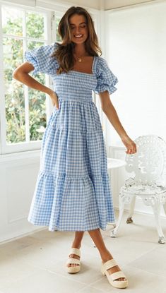 Plus Size Women Puff Square Neck Full-length Checked Plaid Dress Summer Holiday Maxi Dress Party Dress Vestidos Dirndl Outfit, Summer Fashion Dresses, Statement Dress, Mini Robes, Puffed Sleeves Dress, Plaid Dress, Tiered Dress, Women's Summer Fashion, Chic Dress