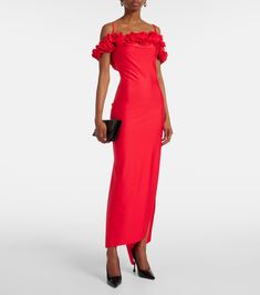 Floral-appliqué jersey gown in red - Coperni | Mytheresa Gala Evening Dress In Elastane, Fitted Maxi Dress For Red Carpet In Summer, Red Fitted Elastane Dress, Elegant Red Elastane Dress, Fitted Red Elastane Dress, Red Elastane Spring Dress, Chic Fitted Gown For Red Carpet, Chic Fitted Red Carpet Gown, Formal Red Elastane Dress