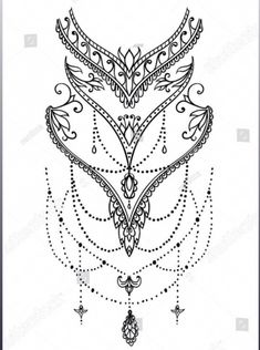 a drawing of an ornamental design with beads and chains on it's side, in black