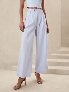 Linen-Blend Wide-Leg Pleated Trouser | Banana Republic Factory Semi-formal Wide-leg Pants With Pockets, Straight Pants For Workwear With Button Zip Fly, Tapered Leg Workwear Pants, Tapered Leg Pants With Button Zip Fly For Work, Spring Workwear Bottoms With Button Zip Fly, Semi-formal Spring Bottoms With Pockets, Chic Workwear Pants With Button Zip Fly, Spring Semi-formal Bottoms With Pockets, Versatile Wide Leg Formal Pants With Pockets