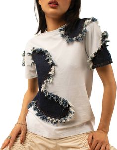 Product Description: Organic cotton t-shirt mixed with denim with a frayed edge. Comes in two different colors.Cut from deadstock fabrics.Made in NepalColor: White/Navy and Faded denim/NavySize: XS: Across shoulder - 15 ⅛ in, Chest - 33 ½ in, Waist - 27 in, Low Hip - 36 ½ inS: Across shoulder - 15 ⅜ in, Chest - 35 ½ in, Waist - 29 in, Low Hip - 38 ½ inM: Across shoulder - 15 ⅝ in, Chest - 37 ½ in, Waist - 31 in, Low Hip - 40 ½ inL: Across shoulder - 16 in, Chest - 41 in, Waist - 34 ½ in, Low Hip Reworked T Shirt, Fashion Origami, Shirt Reconstruction, Reworked Clothes, Ropa Upcycling, Upcycle Clothes Diy, Denim Art, Upcycle Tshirt, Knit Shift Dress