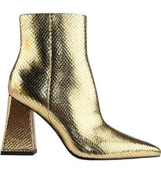 Gold snnake print heeled bootie with side zipper closure and pointy toe heel. Dress Booties, Pointy Toe Heels, Maxi Romper, Marc Fisher, Designer Boots, Dress And Heels, Leather Booties, Resort Wear, Bootie