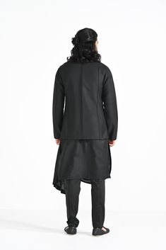 Jet Black Bamberg Raw Silk Nehru Kurta Set inpired by A Rajasthani Painting, with hand embroidered Nehru and a drape Kurta. Paired with Jet black slim fit Pant Pajama. Color of the actual garment may vary due to lighting conditions during the shoot.
 

Size Chart For Men





	
	
					Men's Size Chart
		

		
		
						
				Size Chart For Men
				Custom Size Measurement Guide
			
			
				
				
				Custom Size Measurement Guide
1. Take your measurements at ease…don’t hold your breath!
2. Be a littl Traditional Tailored Bandhgala With Resham Embroidery, Traditional Kurta For Workwear, Traditional Bandhgala For Eid Workwear, Traditional Tailored Sherwani For Designer Wear, Traditional Chikankari Kurta For Work, Traditional Kurta For Festive Workwear, Traditional Festive Kurta For Workwear, Traditional Chikankari Embroidery Kurta For Work, Traditional Tailored Kurta For Eid