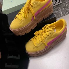 Brand New Never Worn Hard To Find Fenty Creeper Size 9 Women’s. In Men’s It’s Equivalent To 7.5 Trendy Yellow Platform Sneakers, Trendy Neon Yellow Sneakers For Streetwear, Fenty Creepers, Pink Platform, Pink Platforms, Y2k Punk, Fenty Puma, Punk Goth, Puma Shoes