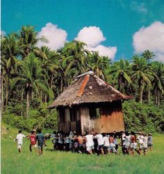 a group of people standing in front of a hut on top of a lush green field