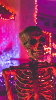 a skeleton sitting in front of a house with christmas lights on the walls and around it